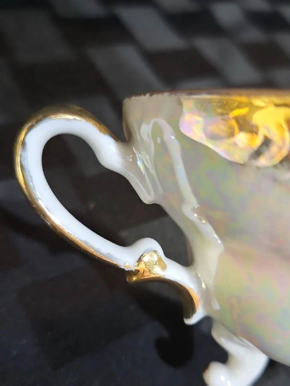 Porcelain Black Colorful Water Lily and Orchid Lustreware Teacup and Saucer